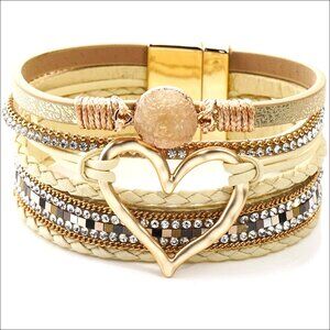 Leather Wrap Cuff Bracelet Heart Design Adjustable Women's Jewelry
